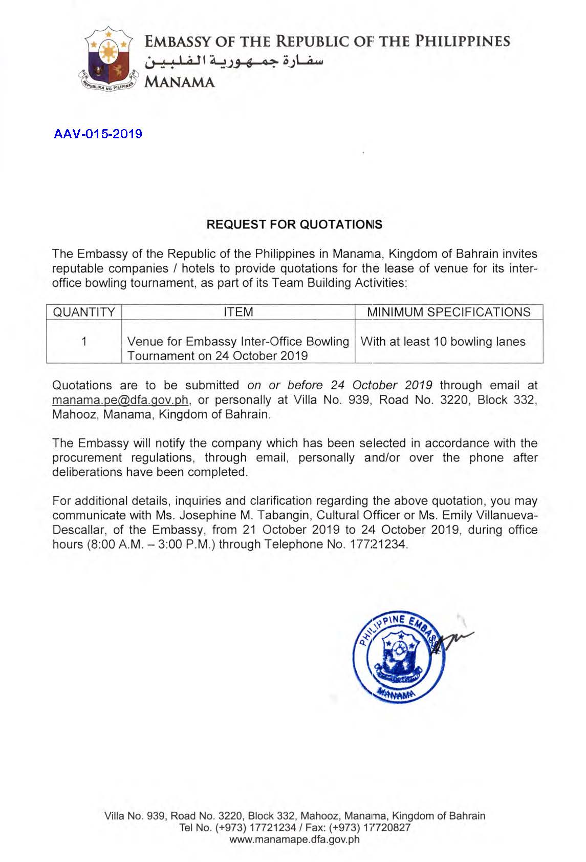 AAV 015 2019 Request for Quotations Venue for Embassy Inter Office Bowling Tournament
