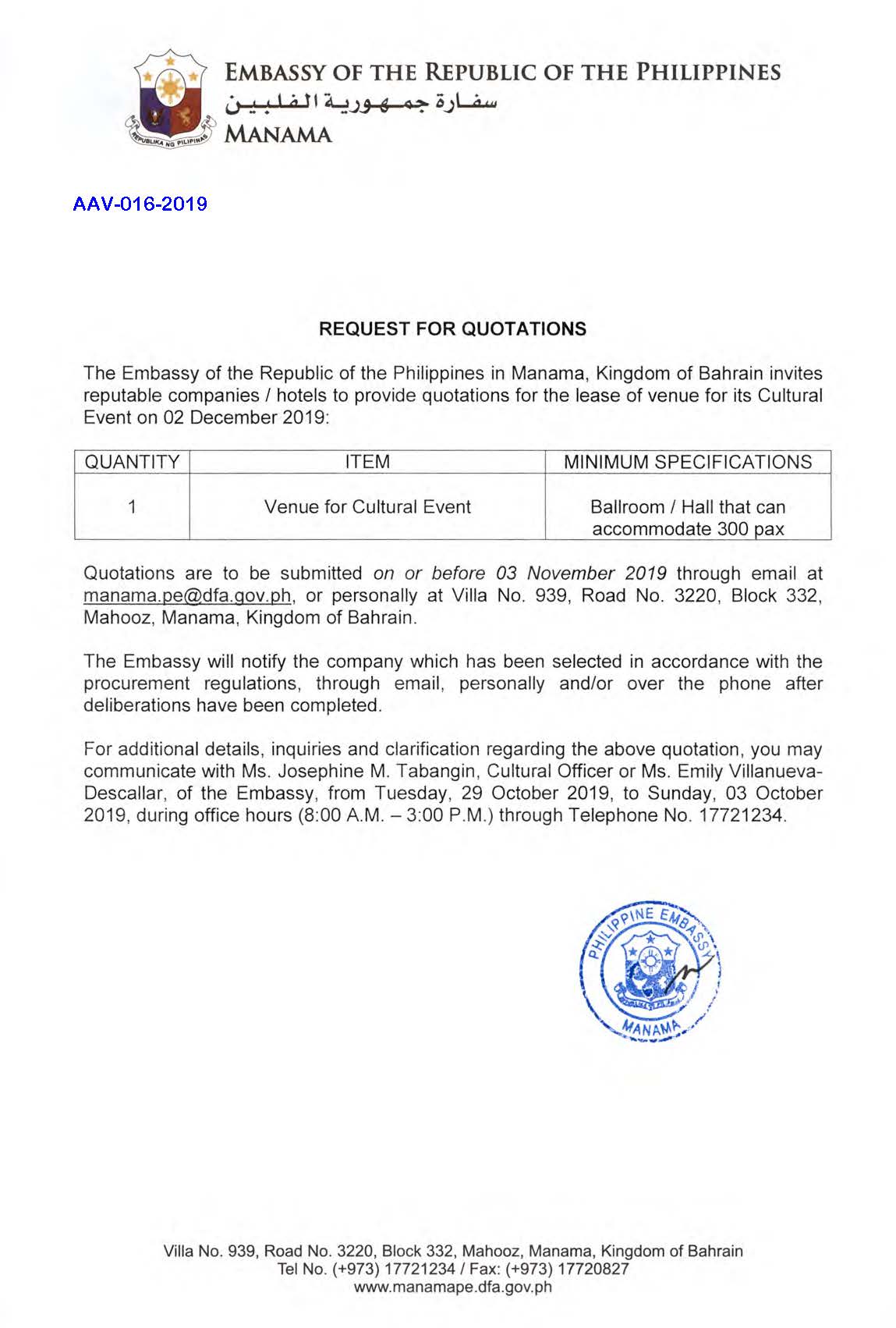 AAV 016 2019 Request for Quotations Venue for Cultural Events