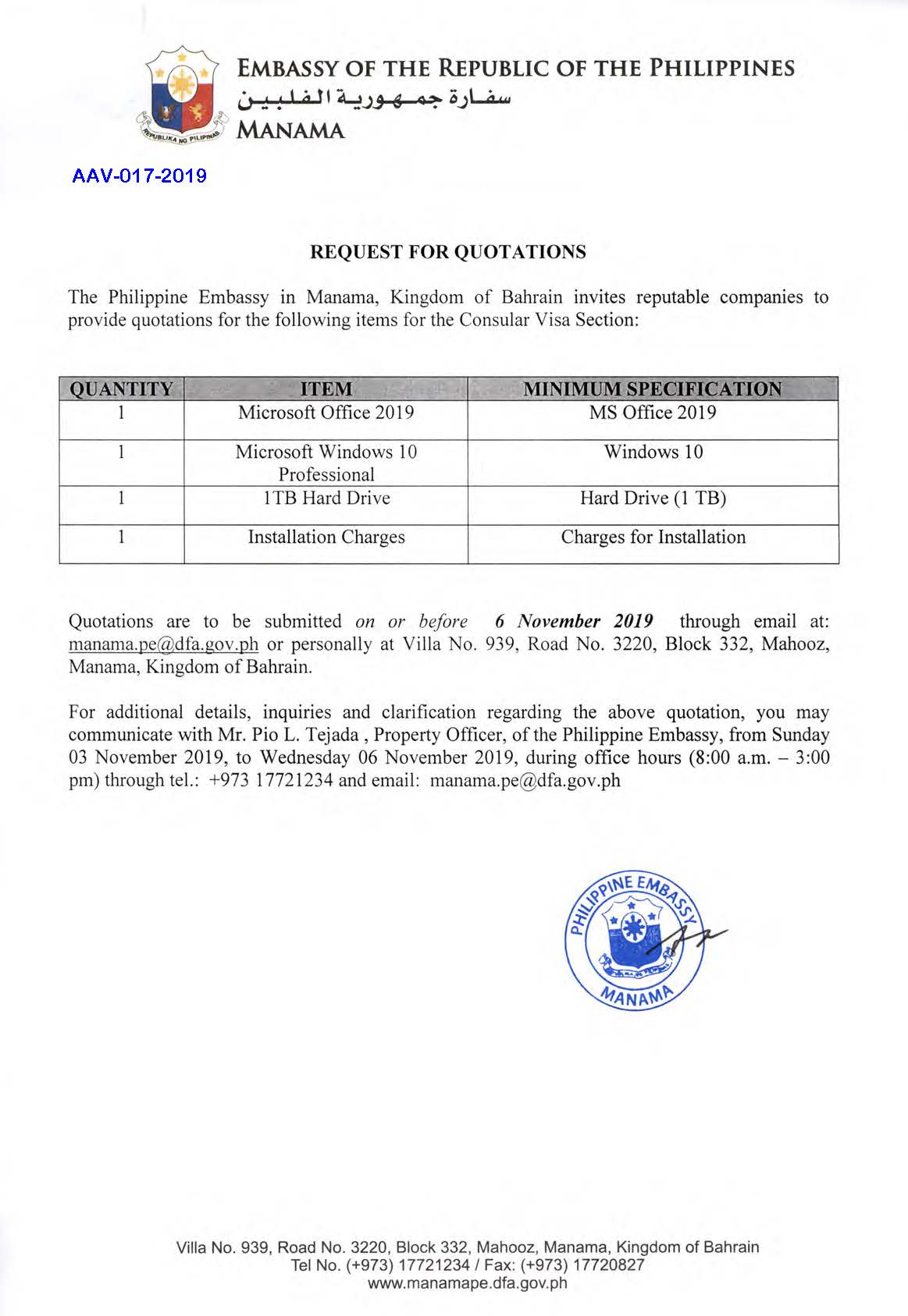 AAV 017 2019 Request for Quotations Microsoft Offcie 2019 Microsoft Windows 10 1TB Hard Drive