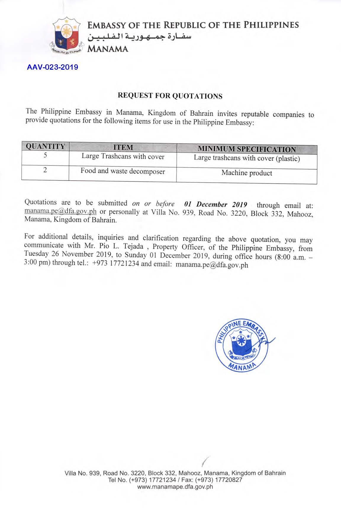 AAV 023 2019 Request for Quotations Large Trashcans Food and Waste decomposer