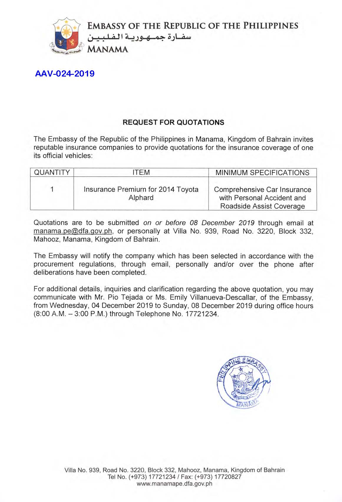 AAV 024 2019 Request for Quotations Insurance Premium for 2014 Toyota Alphard