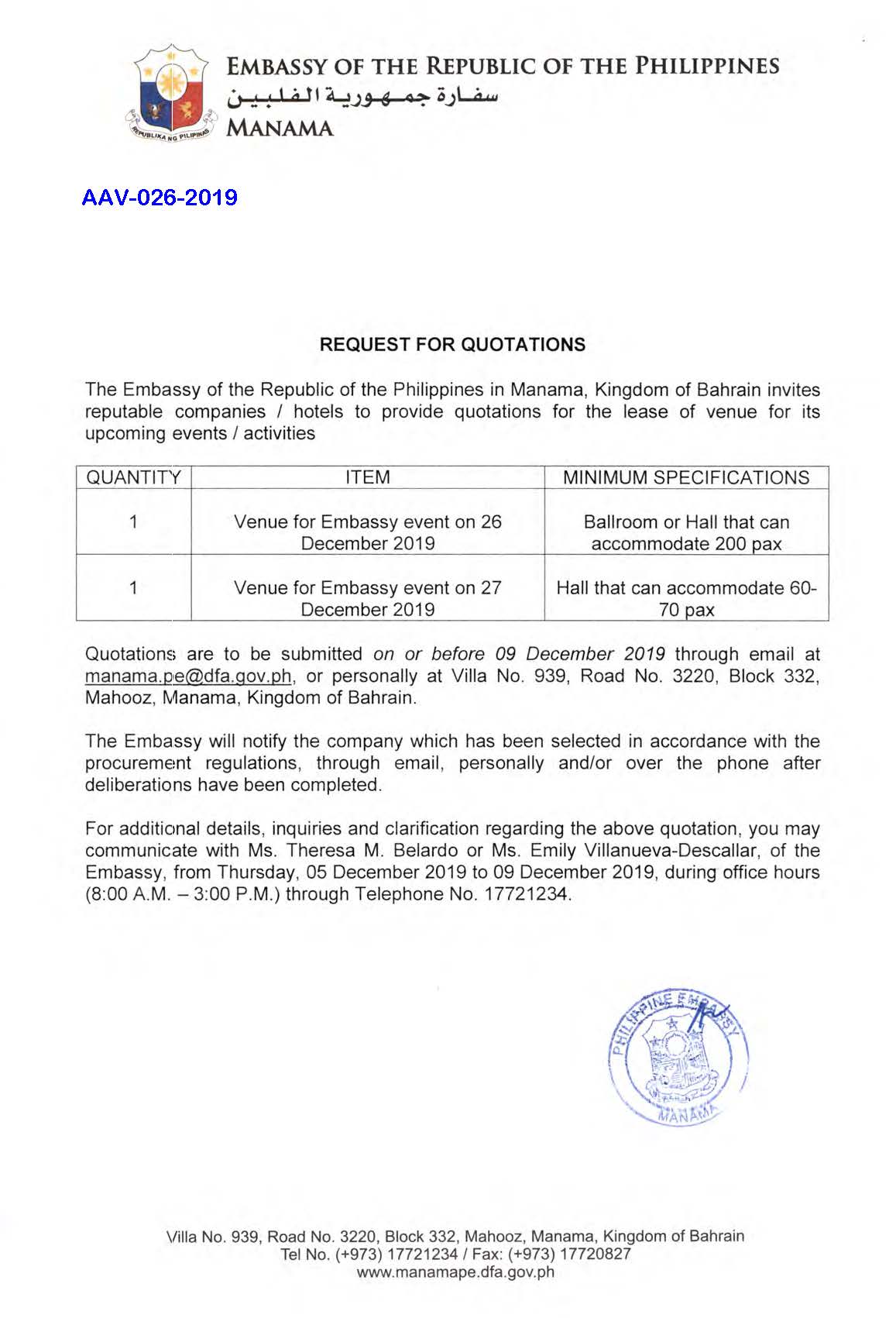 AAV 026 2019 Request for quotations Venue for Embassy Events on 26 December 2019