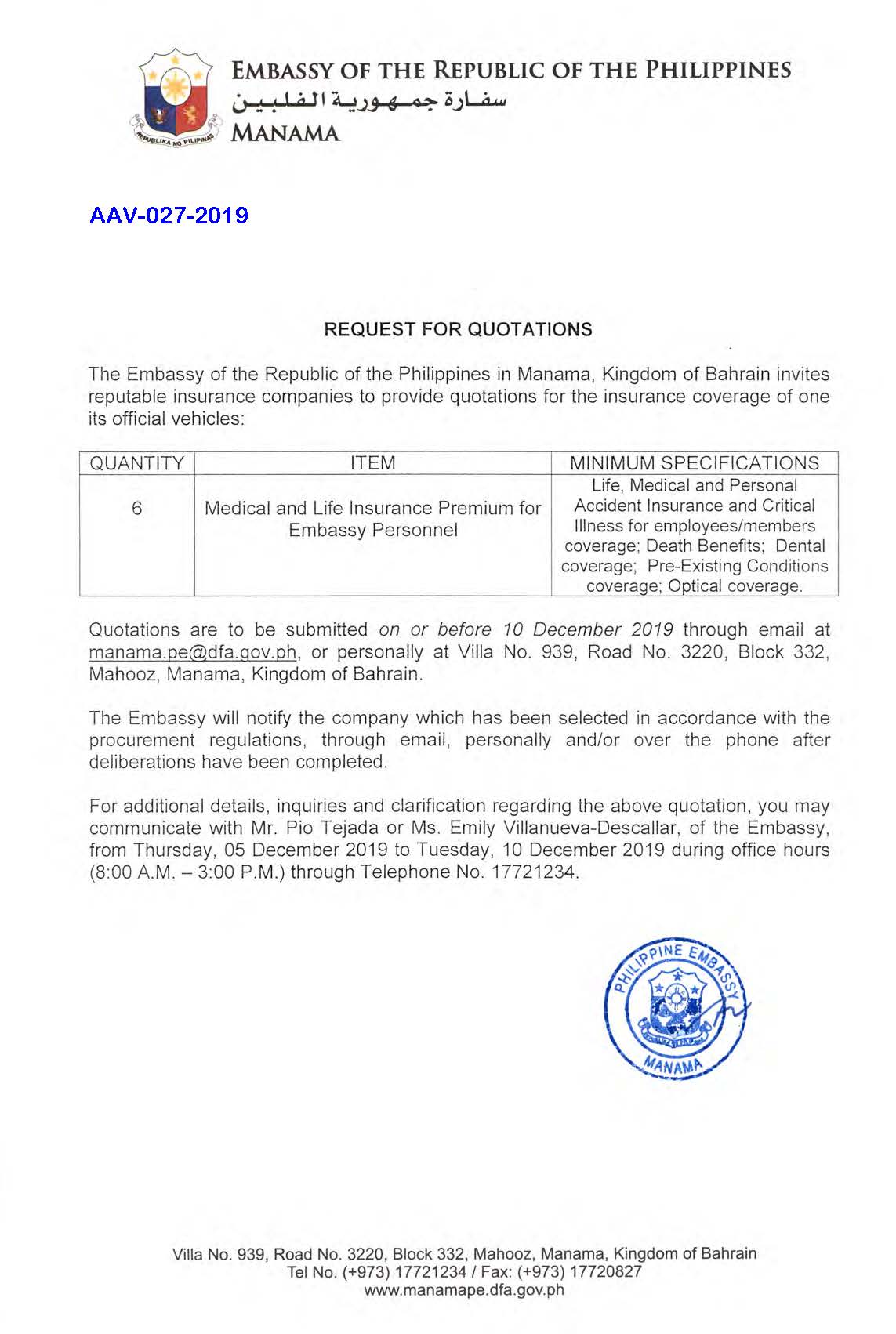 AAV 027 2019 Request for Quotations Medical and Life Insurance Premium for Embassy Personnel