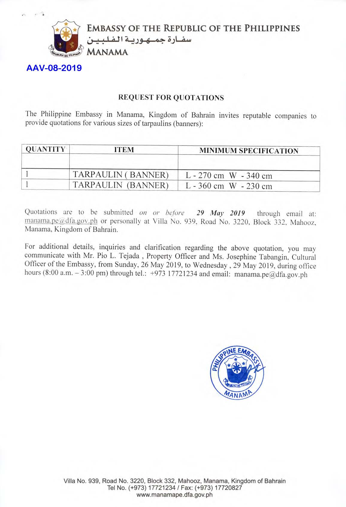 AAV 08 2019 Request for Quotations Various Sizes of Tarpaulines Banners