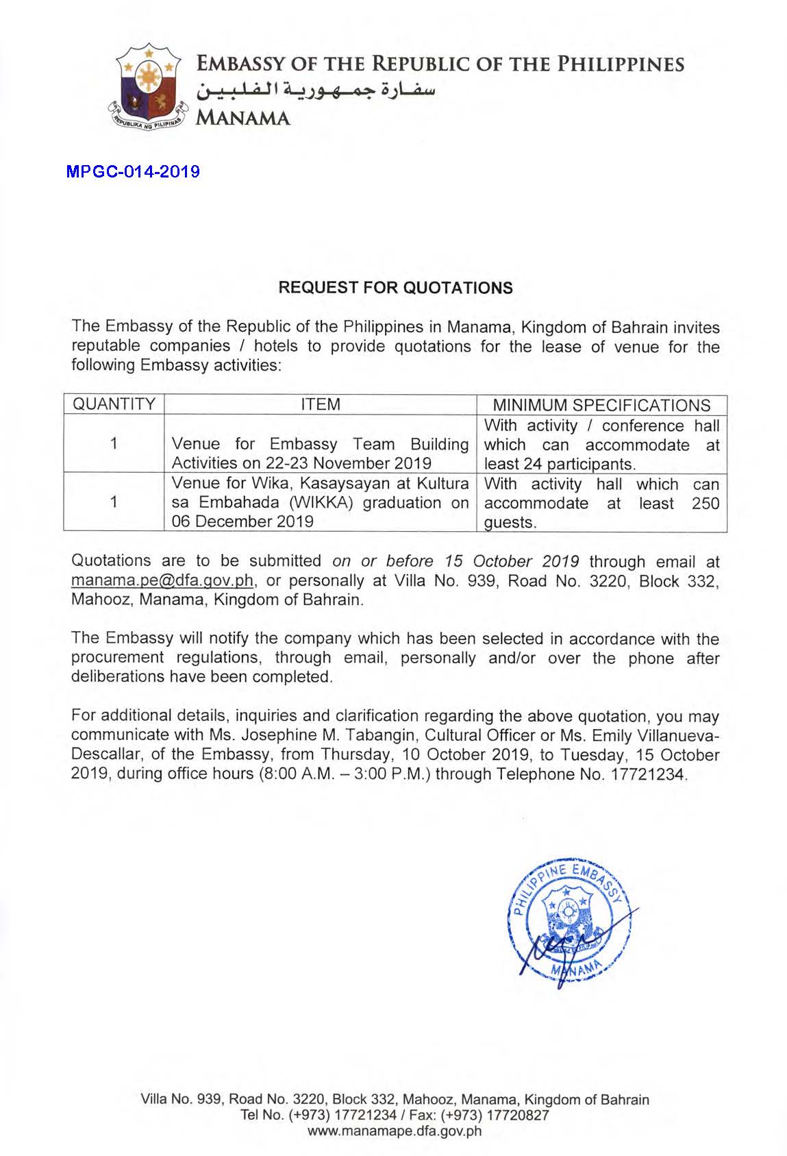 MPGC 014 2019 Request for quotations Venue for Embassy Team Building Activities Venue for WIKKA Graduation