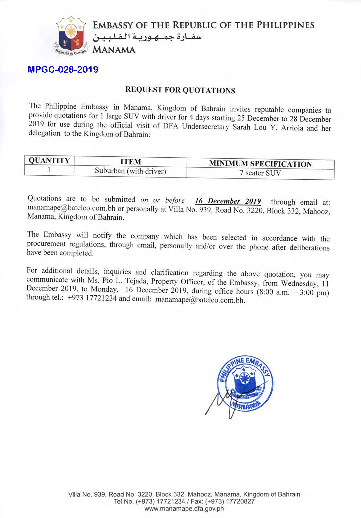 MPGC 028 2019 Request for Quotations One Suburban with Driver 7 Seater SUV